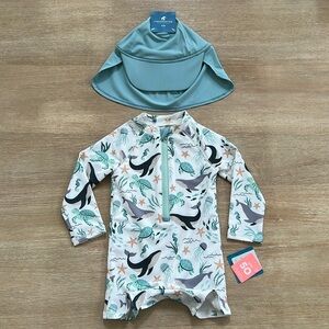 Caribbean Joe Toddler Boy One Piece Rashguard Swimsuit with Hat 12 18 months
